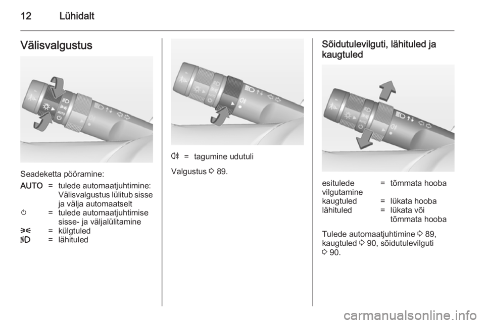 OPEL AMPERA 2012.5  Omaniku käsiraamat (in Estonian) 12LühidaltVälisvalgustus
Seadeketta pööramine:
AUTO=tulede automaatjuhtimine:
Välisvalgustus lülitub sisse ja välja automaatseltm=tulede automaatjuhtimise
sisse- ja väljalülitamine8=külgtule