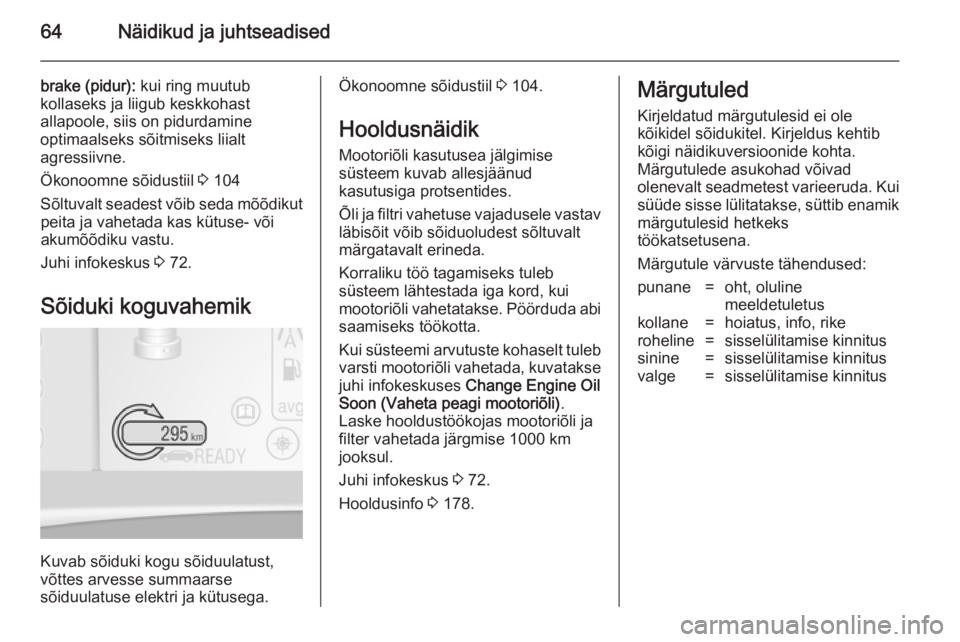 OPEL AMPERA 2012.5  Omaniku käsiraamat (in Estonian) 64Näidikud ja juhtseadised
brake (pidur): kui ring muutub
kollaseks ja liigub keskkohast allapoole, siis on pidurdamine
optimaalseks sõitmiseks liialt
agressiivne.
Ökonoomne sõidustiil  3 104
Sõl