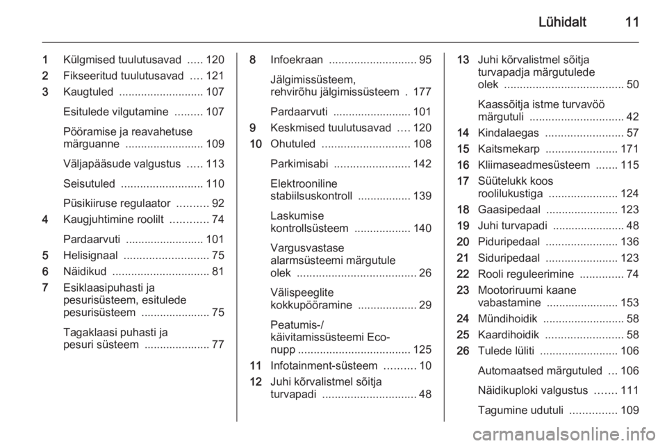 OPEL ANTARA 2014.5  Omaniku käsiraamat (in Estonian) Lühidalt11
1Külgmised tuulutusavad  .....120
2 Fikseeritud tuulutusavad  ....121
3 Kaugtuled  ........................... 107
Esitulede vilgutamine  .........107
Pööramise ja reavahetuse
märguann