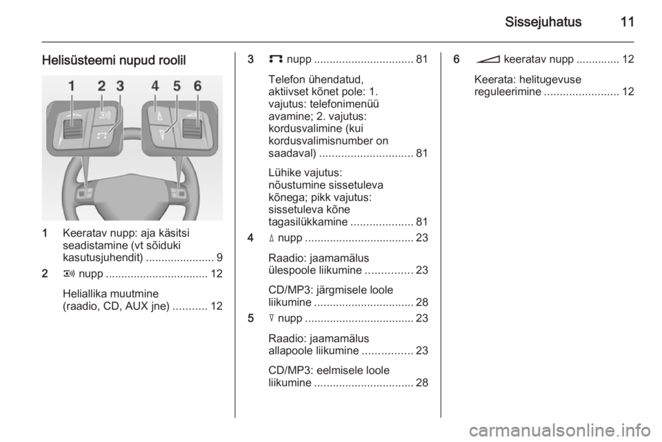 OPEL ANTARA 2015  Infotainment-süsteemi juhend (in Estonian) Sissejuhatus11
Helisüsteemi nupud roolil
1Keeratav nupp: aja käsitsi
seadistamine (vt sõiduki
kasutusjuhendit) ......................9
2 q nupp ................................. 12
Heliallika muutm