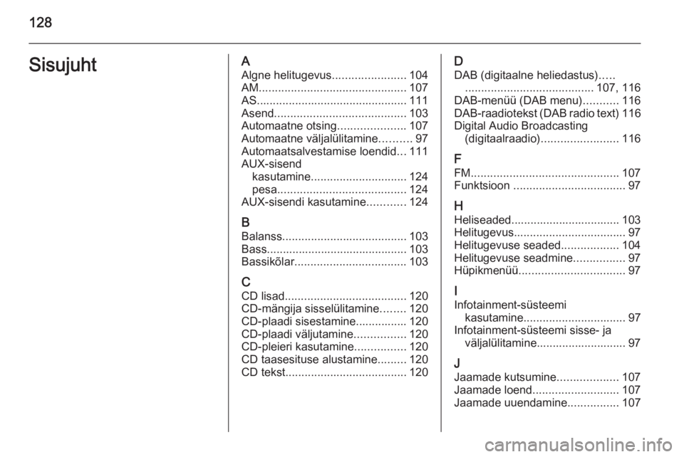 OPEL ANTARA 2015  Infotainment-süsteemi juhend (in Estonian) 128SisujuhtAAlgne helitugevus .......................104
AM .............................................. 107
AS ............................................... 111
Asend ............................