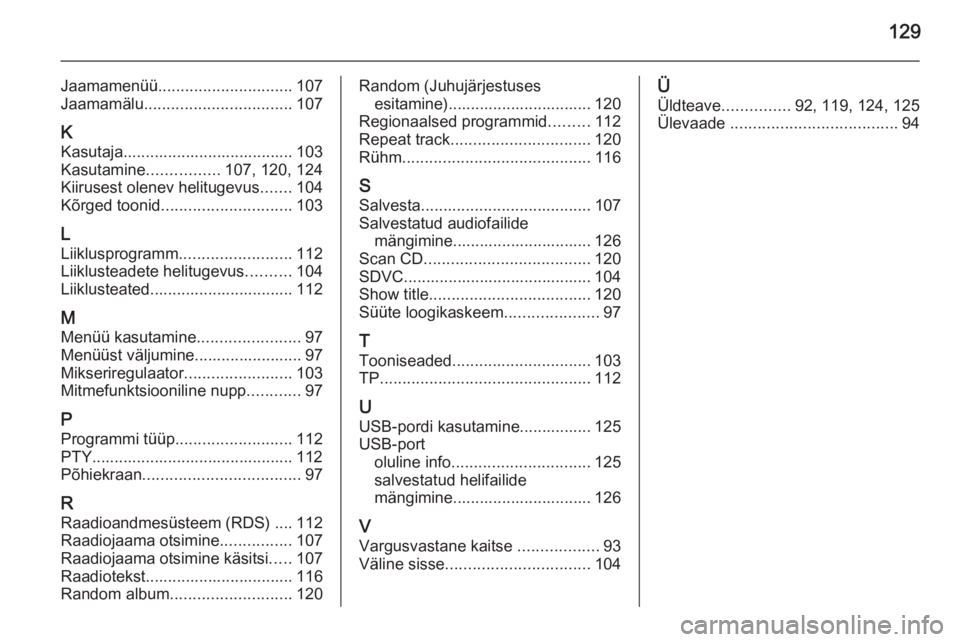 OPEL ANTARA 2015  Infotainment-süsteemi juhend (in Estonian) 129
Jaamamenüü.............................. 107
Jaamamälu ................................. 107
K
Kasutaja...................................... 103
Kasutamine ................107, 120, 124
Kiirus