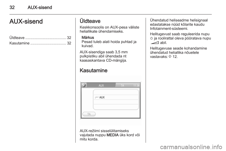 OPEL ANTARA 2015  Infotainment-süsteemi juhend (in Estonian) 32AUX-sisendAUX-sisendÜldteave ....................................... 32
Kasutamine .................................. 32Üldteave
Keskkonsoolis on AUX-pesa väliste
heliallikate ühendamiseks.
Mär