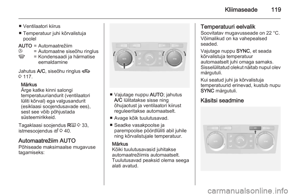 OPEL ANTARA 2015 Omaniku käsiraamat (in Estonian) Kliimaseade119
■ Ventilaatori kiirus
■ Temperatuur juhi kõrvalistuja poolelAUTO=Automaatrežiimt=Automaatne siseõhu ringlusV=Kondensaadi ja härmatise
eemaldamine
Jahutus A/C, siseõhu ringlus OPEL ANTARA 2015 Omaniku käsiraamat (in Estonian) Kliimaseade119
■ Ventilaatori kiirus
■ Temperatuur juhi kõrvalistuja poolelAUTO=Automaatrežiimt=Automaatne siseõhu ringlusV=Kondensaadi ja härmatise
eemaldamine
Jahutus A/C, siseõhu ringlus