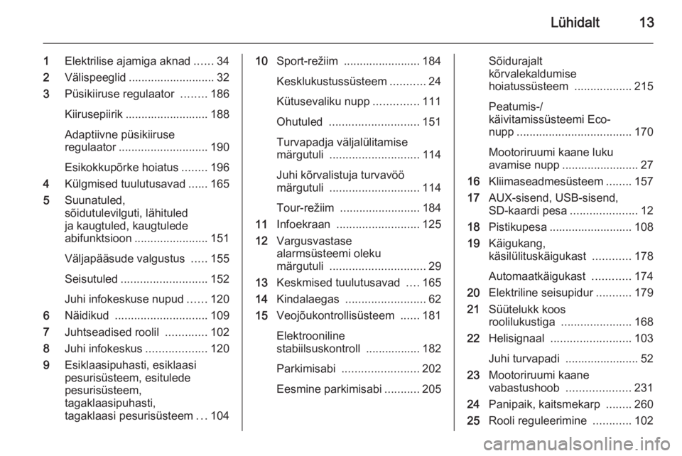 OPEL ASTRA J 2014  Omaniku käsiraamat (in Estonian) Lühidalt13
1Elektrilise ajamiga aknad ......34
2 Välispeeglid ........................... 32
3 Püsikiiruse regulaator  ........186
Kiirusepiirik .......................... 188
Adaptiivne püsikiiru