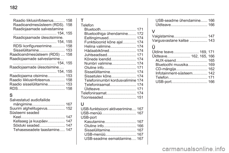 OPEL ASTRA J 2015  Infotainment-süsteemi juhend (in Estonian) 182
Raadio liiklusinfoteenus..........158
Raadioandmesüsteem (RDS). 158
Raadiojaamade salvestamine
........................................ 154, 155
Raadiojaamade ülesotsimine.
.....................