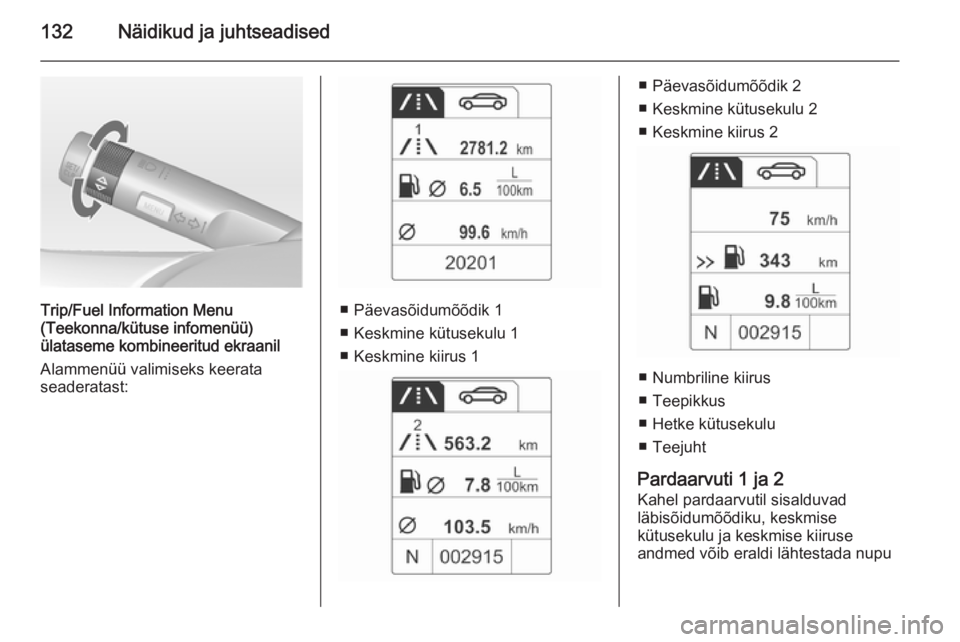 OPEL ASTRA J 2015 Omaniku käsiraamat (in Estonian) 132Näidikud ja juhtseadised
Trip/Fuel Information Menu
(Teekonna/kütuse infomenüü)
ülataseme kombineeritud ekraanil
Alammenüü valimiseks keerata
seaderatast:■ Päevasõidumõõdik 1
■ Keskm OPEL ASTRA J 2015 Omaniku käsiraamat (in Estonian) 132Näidikud ja juhtseadised
Trip/Fuel Information Menu
(Teekonna/kütuse infomenüü)
ülataseme kombineeritud ekraanil
Alammenüü valimiseks keerata
seaderatast:■ Päevasõidumõõdik 1
■ Keskm