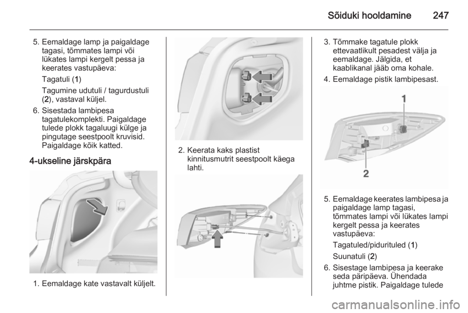 OPEL ASTRA J 2015.5  Omaniku käsiraamat (in Estonian) Sõiduki hooldamine247
5. Eemaldage lamp ja paigaldagetagasi, tõmmates lampi või
lükates lampi kergelt pessa ja
keerates vastupäeva:
Tagatuli ( 1)
Tagumine udutuli / tagurdustuli
( 2 ), vastaval k