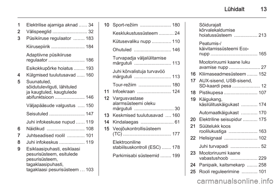 OPEL ASTRA J 2015.75  Omaniku käsiraamat (in Estonian) Lühidalt13
1Elektrilise ajamiga aknad ......34
2 Välispeeglid ........................... 32
3 Püsikiiruse regulaator  ........183
Kiirusepiirik .......................... 184
Adaptiivne püsikiiru
