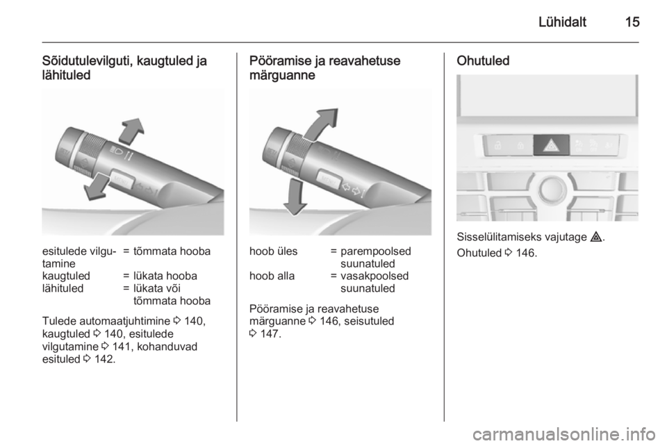 OPEL ASTRA J 2015.75  Omaniku käsiraamat (in Estonian) Lühidalt15
Sõidutulevilguti, kaugtuled ja
lähituledesitulede vilgu‐
tamine=tõmmata hoobakaugtuled=lükata hoobalähituled=lükata või
tõmmata hooba
Tulede automaatjuhtimine  3 140,
kaugtuled  