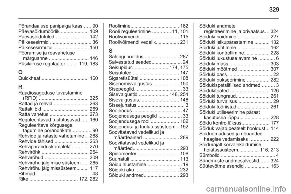 OPEL ASTRA J 2015.75  Omaniku käsiraamat (in Estonian) 329
Põrandaaluse panipaiga kaas .....90
Päevasõidumõõdik  ....................109
Päevasõidutuled  ........................142
Päikesesirmid  .............................. 36
Päikesesirmi tu