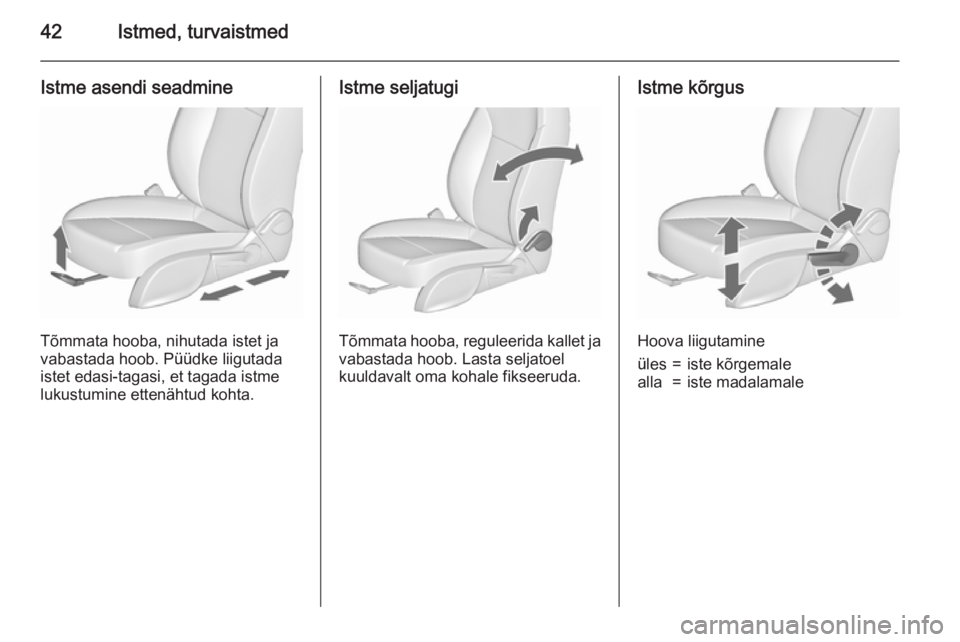 OPEL ASTRA J 2015.75  Omaniku käsiraamat (in Estonian) 42Istmed, turvaistmed
Istme asendi seadmine
Tõmmata hooba, nihutada istet ja
vabastada hoob. Püüdke liigutada
istet edasi-tagasi, et tagada istme
lukustumine ettenähtud kohta.
Istme seljatugi
Tõm