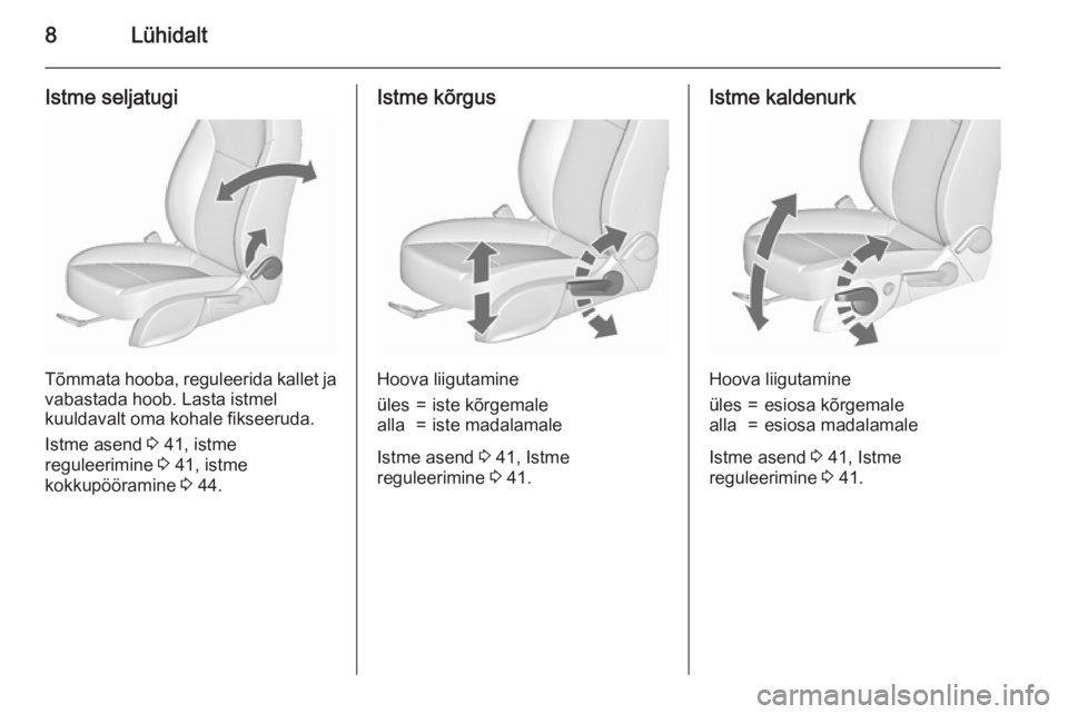 OPEL ASTRA J 2015.75  Omaniku käsiraamat (in Estonian) 8Lühidalt
Istme seljatugi
Tõmmata hooba, reguleerida kallet ja
vabastada hoob. Lasta istmel
kuuldavalt oma kohale fikseeruda.
Istme asend  3 41, istme
reguleerimine  3 41, istme
kokkupööramine  3 