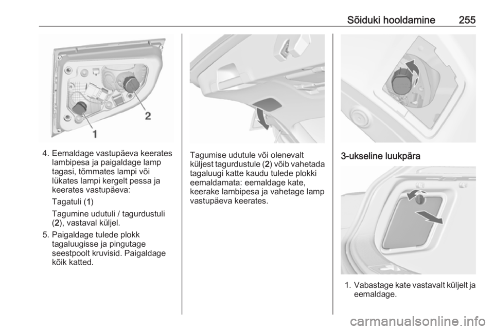 OPEL ASTRA J 2016  Omaniku käsiraamat (in Estonian) Sõiduki hooldamine255
4. Eemaldage vastupäeva keerateslambipesa ja paigaldage lamp
tagasi, tõmmates lampi või
lükates lampi kergelt pessa ja
keerates vastupäeva:
Tagatuli ( 1)
Tagumine udutuli /