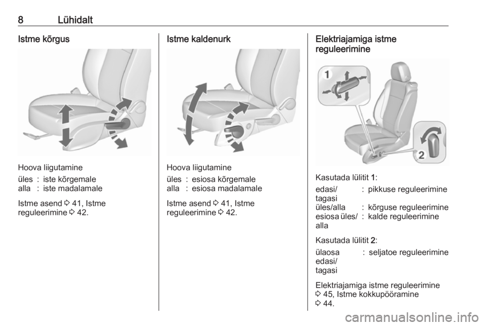 OPEL ASTRA J 2016  Omaniku käsiraamat (in Estonian) 8LühidaltIstme kõrgus
Hoova liigutamine
üles:iste kõrgemalealla:iste madalamale
Istme asend 3 41, Istme
reguleerimine  3 42.
Istme kaldenurk
Hoova liigutamine
üles:esiosa kõrgemalealla:esiosa ma