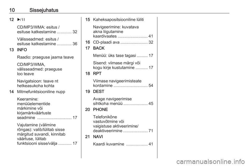 OPEL ASTRA J 2017  Infotainment-süsteemi juhend (in Estonian) 10Sissejuhatus12r
CD/MP3/WMA: esitus /
esituse katkestamine ............32
Välisseadmed: esitus /
esituse katkestamine ............36
13 INFO
Raadio: praeguse jaama teave
CD/MP3/WMA,
välisseadmed: p