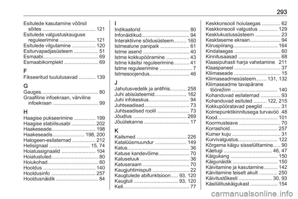 OPEL ASTRA J 2018 Omaniku käsiraamat (in Estonian) 293Esitulede kasutamine võõrsilsõites ...................................... 121
Esitulede valgustuskauguse reguleerimine ......................... 121
Esitulede vilgutamine ................120
OPEL ASTRA J 2018 Omaniku käsiraamat (in Estonian) 293Esitulede kasutamine võõrsilsõites ...................................... 121
Esitulede valgustuskauguse reguleerimine ......................... 121
Esitulede vilgutamine ................120