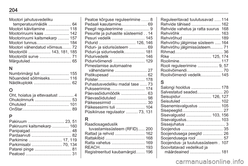 OPEL ASTRA J 2019  Omaniku käsiraamat (in Estonian) 204Mootori jahutusvedelikutemperatuurinäidik .................... 64
Mootori käivitamine .................... 118
Mootoriruumi kaas  .....................142
Mootoriruumi kaitsmekarp  .........157
M