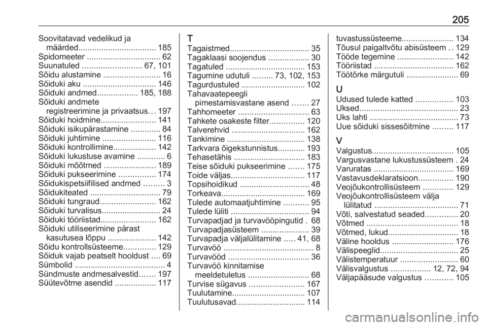 OPEL ASTRA J 2019  Omaniku käsiraamat (in Estonian) 205Soovitatavad vedelikud jamäärded .................................. 185
Spidomeeter  ................................ 62
Suunatuled  .......................... 67, 101
Sõidu alustamine  ........