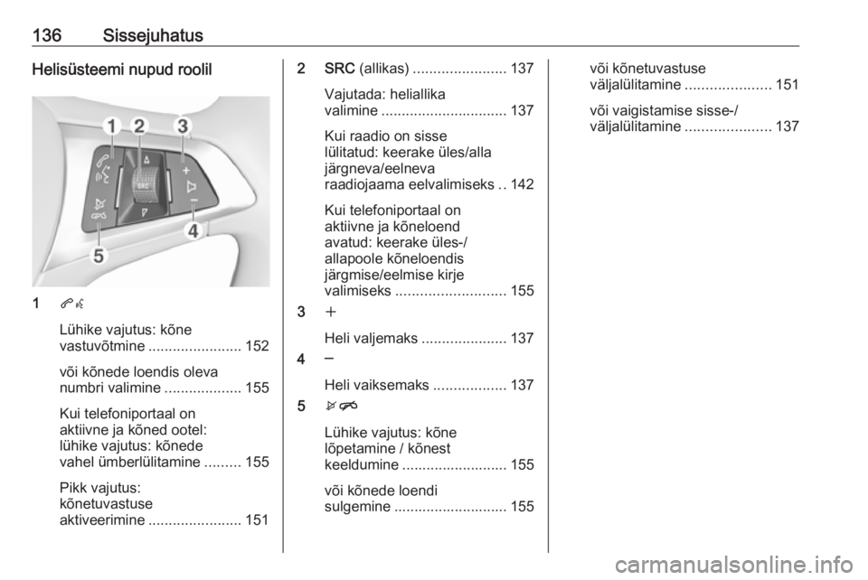 OPEL ASTRA K 2016.5 Infotainment-süsteemi juhend (in Estonian) 136SissejuhatusHelisüsteemi nupud roolil
1qw
Lühike vajutus: kõne
vastuvõtmine ....................... 152
või kõnede loendis oleva
numbri valimine ...................155
Kui telefoniportaal on
OPEL ASTRA K 2016.5 Infotainment-süsteemi juhend (in Estonian) 136SissejuhatusHelisüsteemi nupud roolil
1qw
Lühike vajutus: kõne
vastuvõtmine ....................... 152
või kõnede loendis oleva
numbri valimine ...................155
Kui telefoniportaal on