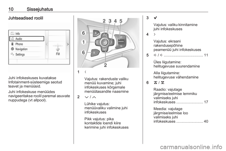 OPEL ASTRA K 2016.5  Infotainment-süsteemi juhend (in Estonian) 10SissejuhatusJuhtseadised roolil
Juhi infokeskuses kuvatakse
Infotainment-süsteemiga seotud
teavet ja menüüsid.
Juhi infokeskuse menüüdes
navigeeritakse roolil paremal asuvate nuppudega (vt allp