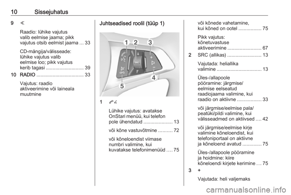 OPEL ASTRA K 2017  Infotainment-süsteemi juhend (in Estonian) 10Sissejuhatus9Y
Raadio: lühike vajutus
valib eelmise jaama; pikk
vajutus otsib eelmist jaama ...33
CD-mängija/välisseade:
lühike vajutus valib
eelmise loo; pikk vajutus
kerib tagasi .............