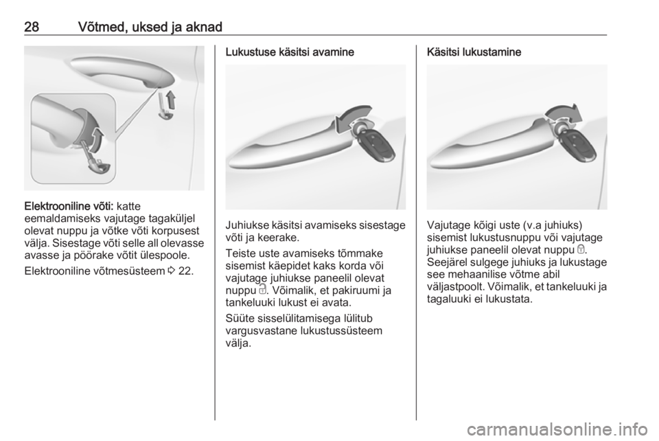 OPEL ASTRA K 2017  Omaniku käsiraamat (in Estonian) 28Võtmed, uksed ja aknad
Elektrooniline võti: katte
eemaldamiseks vajutage tagaküljel
olevat nuppu ja võtke võti korpusest
välja. Sisestage võti selle all olevasse
avasse ja pöörake võtit ü