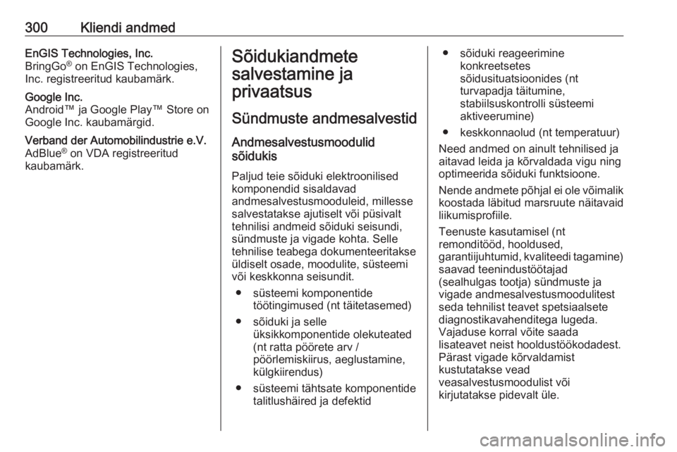 OPEL ASTRA K 2017  Omaniku käsiraamat (in Estonian) 300Kliendi andmedEnGIS Technologies, Inc.
BringGo ®
 on EnGIS Technologies,
Inc. registreeritud kaubamärk.Google Inc.
Android™ ja Google Play™ Store on
Google Inc. kaubamärgid.Verband der Autom