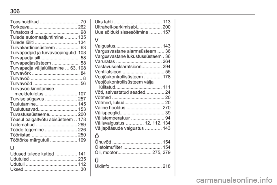 OPEL ASTRA K 2017 Omaniku käsiraamat (in Estonian) 306Topsihoidikud .............................. 70
Torkeava..................................... 262 Tuhatoosid ................................... 98
Tulede automaatjuhtimine .........135
Tulede l OPEL ASTRA K 2017 Omaniku käsiraamat (in Estonian) 306Topsihoidikud .............................. 70
Torkeava..................................... 262 Tuhatoosid ................................... 98
Tulede automaatjuhtimine .........135
Tulede l