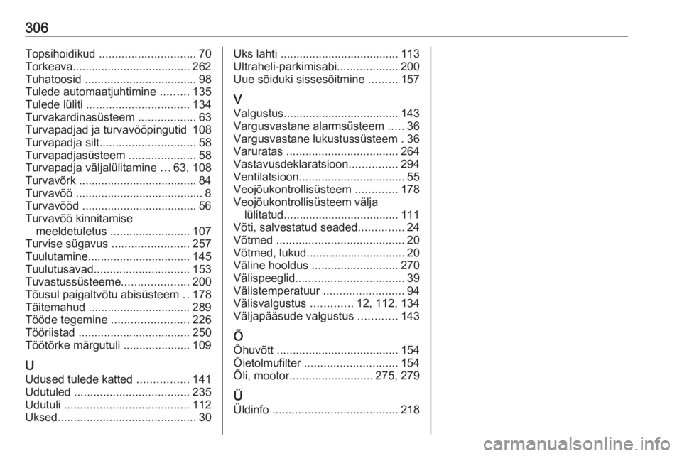 OPEL ASTRA K 2017  Omaniku käsiraamat (in Estonian) 306Topsihoidikud .............................. 70
Torkeava..................................... 262 Tuhatoosid  ................................... 98
Tulede automaatjuhtimine  .........135
Tulede l�