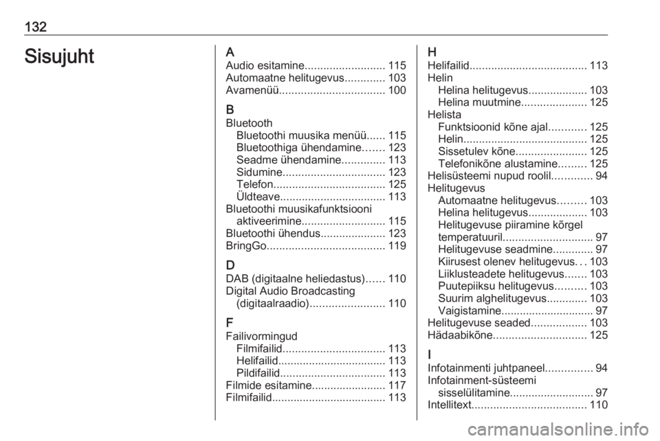 OPEL ASTRA K 2017.5  Infotainment-süsteemi juhend (in Estonian) 132SisujuhtAAudio esitamine .......................... 115
Automaatne helitugevus .............103
Avamenüü .................................. 100
B Bluetooth Bluetoothi muusika menüü ......115
Bl