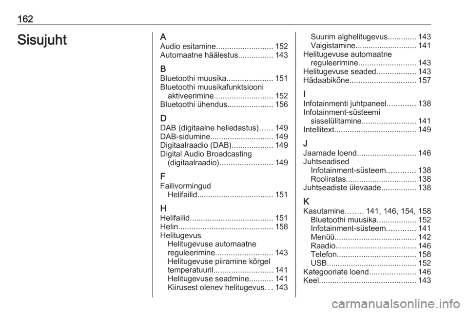 OPEL ASTRA K 2017.5  Infotainment-süsteemi juhend (in Estonian) 162SisujuhtAAudio esitamine .......................... 152
Automaatne häälestus ................143
B Bluetoothi muusika .....................151
Bluetoothi muusikafunktsiooni aktiveerimine ........