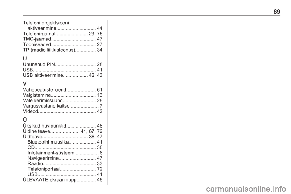 OPEL ASTRA K 2017.5  Infotainment-süsteemi juhend (in Estonian) 89Telefoni projektsiooniaktiveerimine ............................. 44
Telefoniraamat........................ 23, 75
TMC-jaamad ................................. 47
Tooniseaded .......................