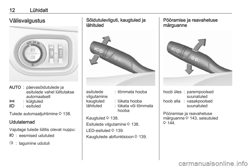 OPEL ASTRA K 2017.5  Omaniku käsiraamat (in Estonian) 12LühidaltVälisvalgustusAUTO:päevasõidutulede ja
esitulede vahel lülitutakse
automaatselt8:külgtuled9:esituled
Tulede automaatjuhtimine  3 138.
Udulaternad Vajutage tulede lülitis olevat nuppu: