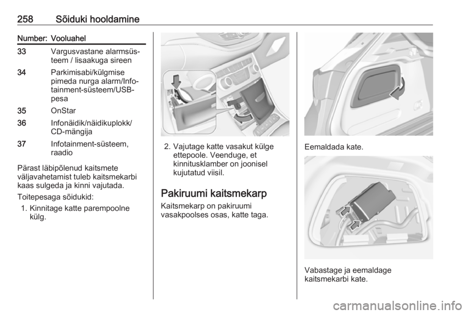 OPEL ASTRA K 2018.75  Omaniku käsiraamat (in Estonian) 258Sõiduki hooldamineNumber:Vooluahel33Vargusvastane alarmsüs‐
teem / lisaakuga sireen34Parkimisabi/külgmise
pimeda nurga alarm/Info‐
tainment-süsteem/USB-
pesa35OnStar36Infonäidik/näidikupl