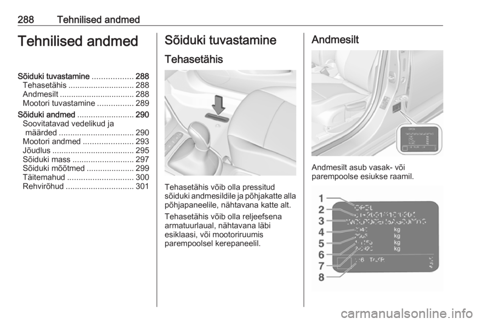 OPEL ASTRA K 2018.75 Omaniku käsiraamat (in Estonian) 288Tehnilised andmedTehnilised andmedSõiduki tuvastamine..................288
Tehasetähis ............................. 288
Andmesilt ................................. 288
Mootori tuvastamine ...... OPEL ASTRA K 2018.75 Omaniku käsiraamat (in Estonian) 288Tehnilised andmedTehnilised andmedSõiduki tuvastamine..................288
Tehasetähis ............................. 288
Andmesilt ................................. 288
Mootori tuvastamine ......