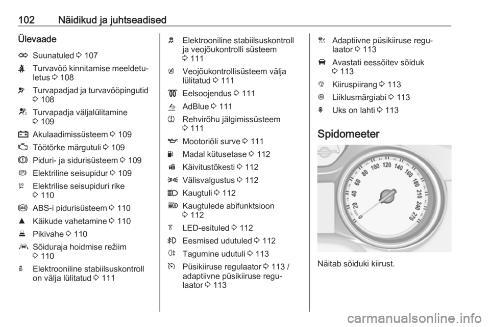 OPEL ASTRA K 2019.5 Omaniku käsiraamat (in Estonian) 102Näidikud ja juhtseadisedÜlevaadeOSuunatuled 3 107XTurvavöö kinnitamise meeldetu‐
letus 3 108vTurvapadjad ja turvavööpingutid
3 108VTurvapadja väljalülitamine
3 109pAkulaadimissüsteem OPEL ASTRA K 2019.5 Omaniku käsiraamat (in Estonian) 102Näidikud ja juhtseadisedÜlevaadeOSuunatuled 3 107XTurvavöö kinnitamise meeldetu‐
letus 3 108vTurvapadjad ja turvavööpingutid
3 108VTurvapadja väljalülitamine
3 109pAkulaadimissüsteem