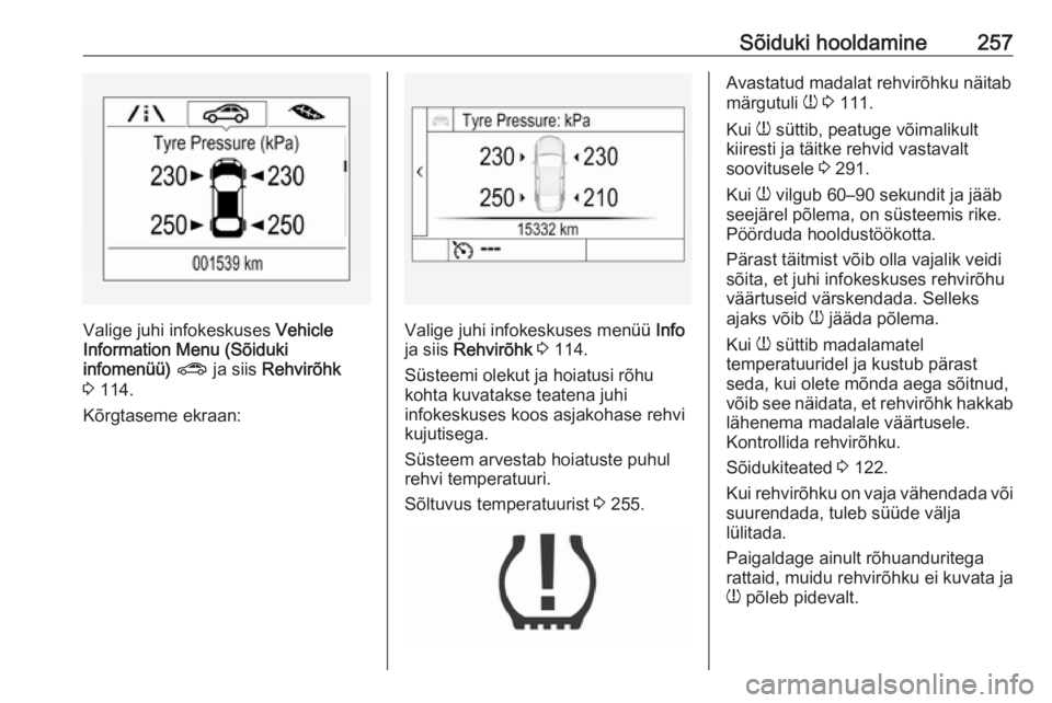 OPEL ASTRA K 2019.5 Omaniku käsiraamat (in Estonian) Sõiduki hooldamine257
Valige juhi infokeskuses Vehicle
Information Menu (Sõiduki
infomenüü) ? ja siis Rehvirõhk
3 114.
Kõrgtaseme ekraan:Valige juhi infokeskuses menüü Info
ja siis Rehvi OPEL ASTRA K 2019.5 Omaniku käsiraamat (in Estonian) Sõiduki hooldamine257
Valige juhi infokeskuses Vehicle
Information Menu (Sõiduki
infomenüü) ? ja siis Rehvirõhk
3 114.
Kõrgtaseme ekraan:Valige juhi infokeskuses menüü Info
ja siis Rehvi