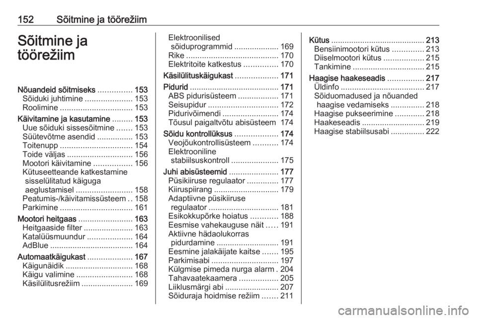 OPEL ASTRA K 2020  Omaniku käsiraamat (in Estonian) 152Sõitmine ja töörežiimSõitmine ja
töörežiimNõuandeid sõitmiseks ...............153
Sõiduki juhtimine .....................153
Roolimine ................................ 153
Käivitamine j