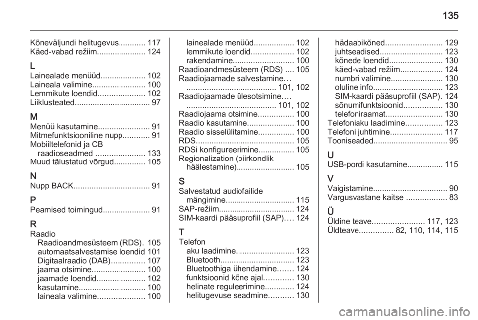OPEL CASCADA 2014.5  Infotainment-süsteemi juhend (in Estonian) 135
Kõneväljundi helitugevus............117
Käed-vabad režiim...................... 124
L Lainealade menüüd ....................102
Laineala valimine ........................100
Lemmikute loendi
