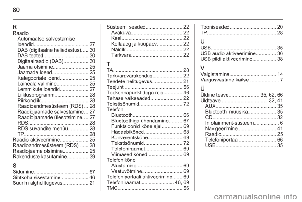 OPEL CASCADA 2014.5  Infotainment-süsteemi juhend (in Estonian) 80
RRaadio Automaatse salvestamise
loendid....................................... 27
DAB (digitaalne heliedastus) .....30
DAB teated ................................ 30
Digitaalraadio (DAB) ..........