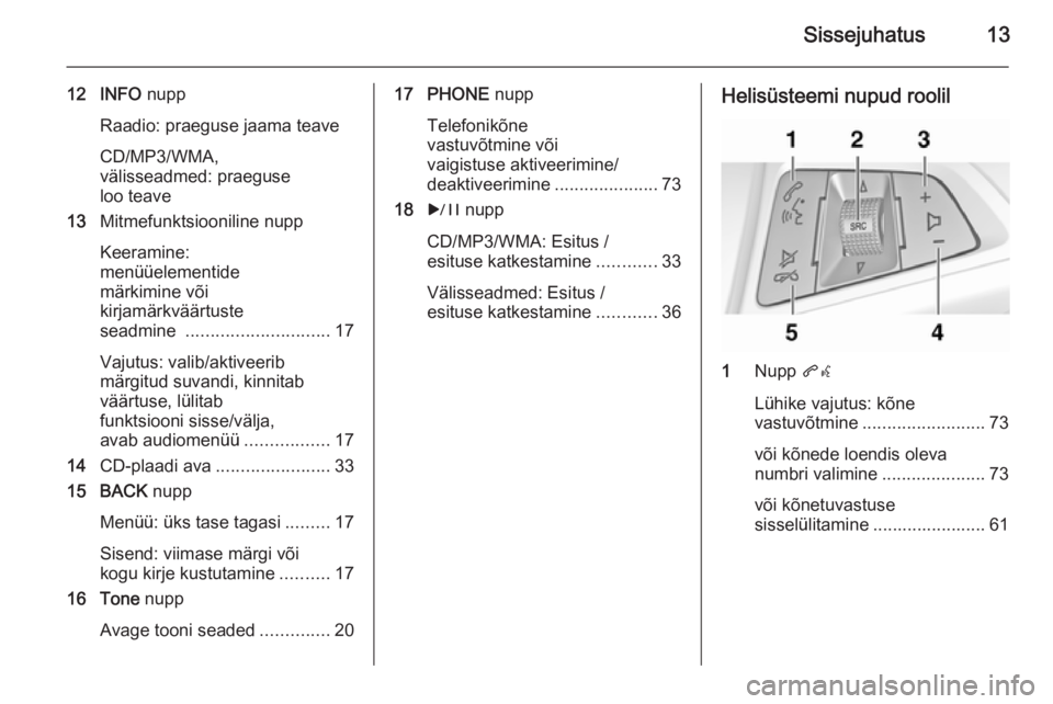 OPEL CASCADA 2015 Infotainment-süsteemi juhend (in Estonian) Sissejuhatus13
12 INFO nupp
Raadio: praeguse jaama teave
CD/MP3/WMA,
välisseadmed: praeguse
loo teave
13 Mitmefunktsiooniline nupp
Keeramine:
menüüelementide
märkimine või
kirjamärkväärtuste
s OPEL CASCADA 2015 Infotainment-süsteemi juhend (in Estonian) Sissejuhatus13
12 INFO nupp
Raadio: praeguse jaama teave
CD/MP3/WMA,
välisseadmed: praeguse
loo teave
13 Mitmefunktsiooniline nupp
Keeramine:
menüüelementide
märkimine või
kirjamärkväärtuste
s