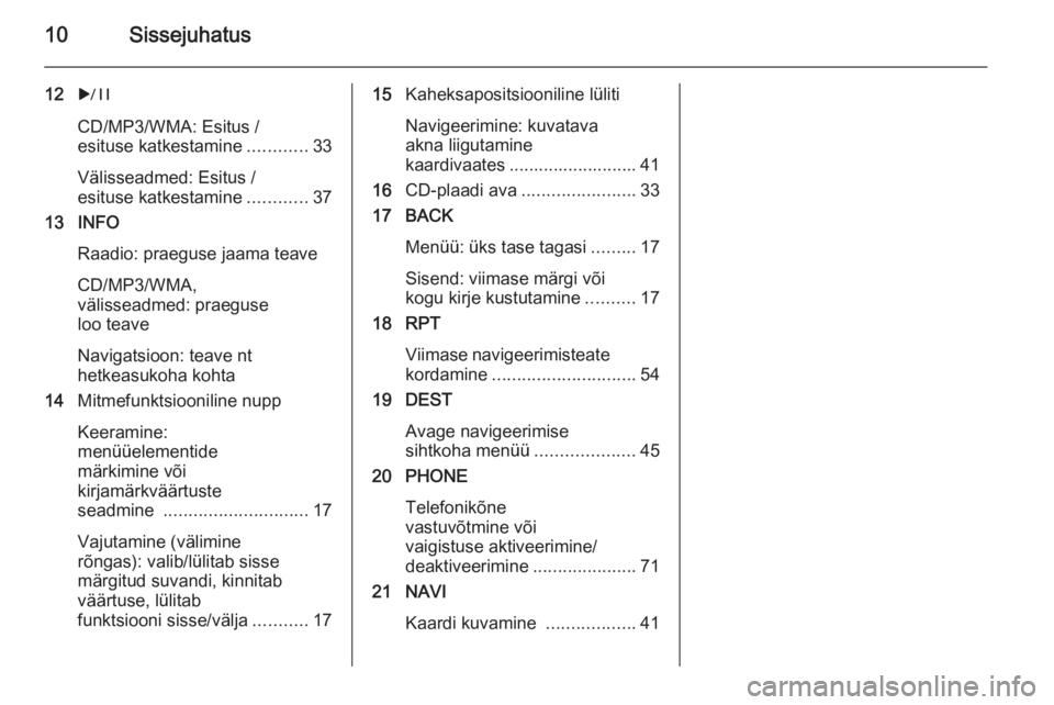 OPEL CASCADA 2015.5  Infotainment-süsteemi juhend (in Estonian) 10Sissejuhatus
12r
CD/MP3/WMA: Esitus /
esituse katkestamine ............33
Välisseadmed: Esitus /
esituse katkestamine ............37
13 INFO
Raadio: praeguse jaama teave
CD/MP3/WMA,
välisseadmed: 