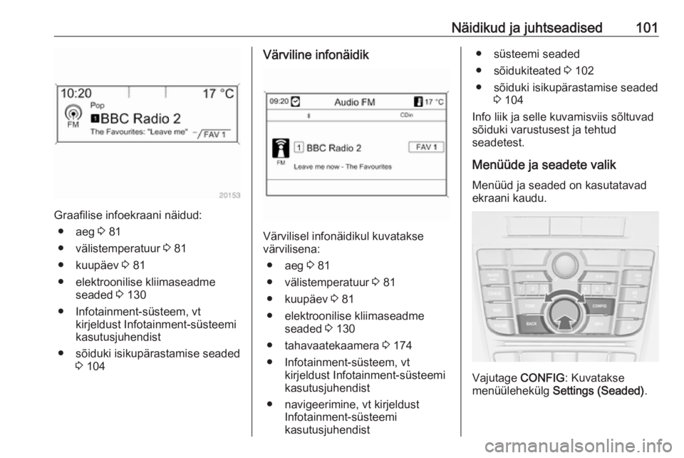 OPEL CASCADA 2016  Omaniku käsiraamat (in Estonian) Näidikud ja juhtseadised101
Graafilise infoekraani näidud:● aeg  3 81
● välistemperatuur  3 81
● kuupäev  3 81
● elektroonilise kliimaseadme seaded  3 130
● Infotainment-süsteem, vt kir