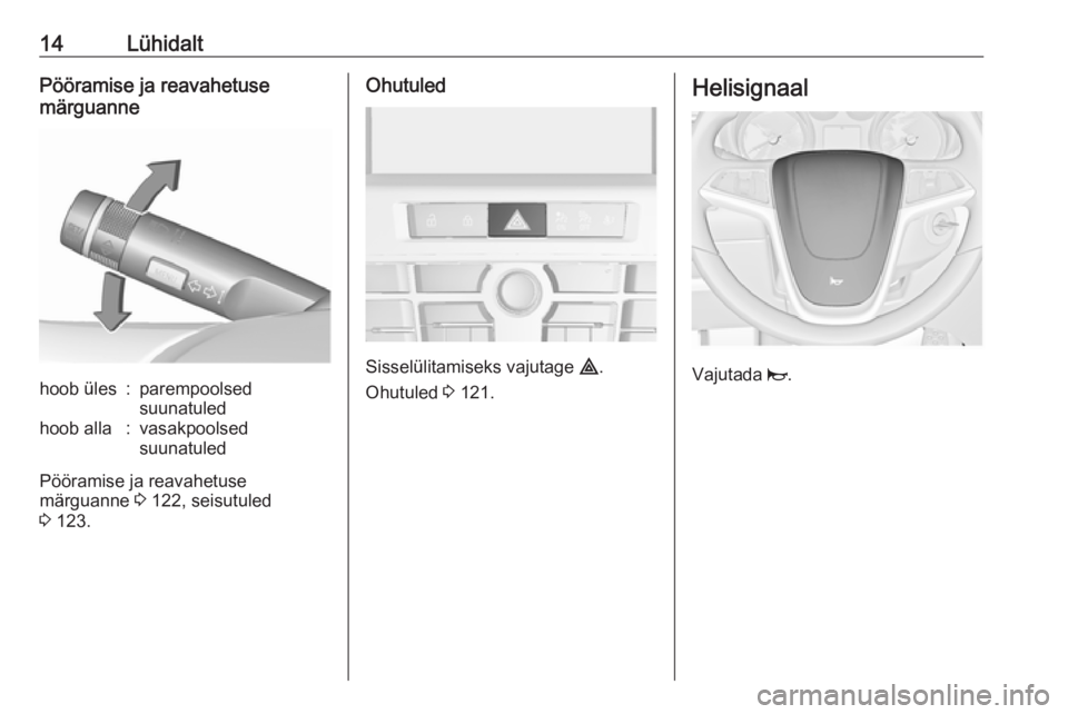 OPEL CASCADA 2016  Omaniku käsiraamat (in Estonian) 14LühidaltPööramise ja reavahetuse
märguannehoob üles:parempoolsed
suunatuledhoob alla:vasakpoolsed
suunatuled
Pööramise ja reavahetuse
märguanne  3 122, seisutuled
3  123.
Ohutuled
Sisselüli