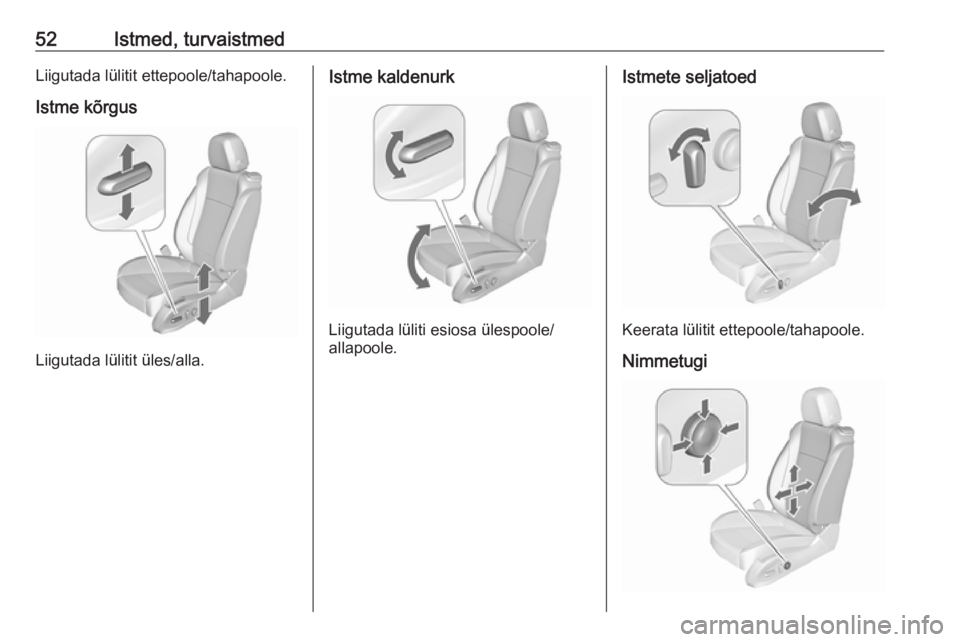 OPEL CASCADA 2016  Omaniku käsiraamat (in Estonian) 52Istmed, turvaistmedLiigutada lülitit ettepoole/tahapoole.Istme kõrgus
Liigutada lülitit üles/alla.
Istme kaldenurk
Liigutada lüliti esiosa ülespoole/
allapoole.
Istmete seljatoed
Keerata lüli