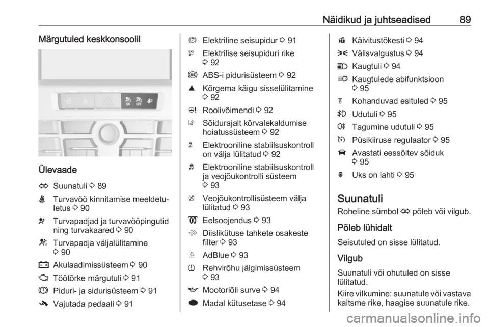 OPEL CASCADA 2016  Omaniku käsiraamat (in Estonian) Näidikud ja juhtseadised89Märgutuled keskkonsoolil
Ülevaade
OSuunatuli 3 89XTurvavöö kinnitamise meeldetu‐
letus  3 90vTurvapadjad ja turvavööpingutid
ning turvakaared  3 90VTurvapadja välja