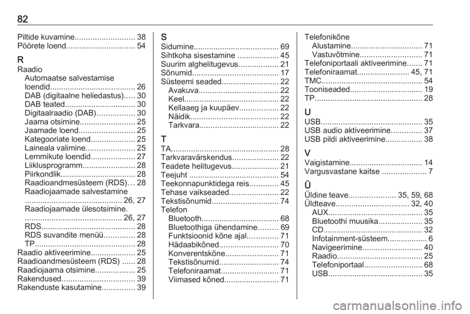 OPEL CASCADA 2016.5  Infotainment-süsteemi juhend (in Estonian) 82Piltide kuvamine........................... 38
Pöörete loend ............................... 54
R
Raadio Automaatse salvestamise
loendid....................................... 26
DAB (digitaalne h