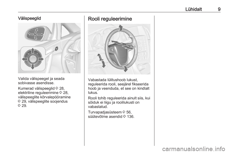 OPEL CASCADA 2017  Omaniku käsiraamat (in Estonian) Lühidalt9Välispeeglid
Valida välispeegel ja seada
sobivasse asendisse.
Kumerad välispeeglid  3 28,
elektriline reguleerimine  3 28,
välispeeglite kõrvalepööramine
3  29, välispeeglite soojend