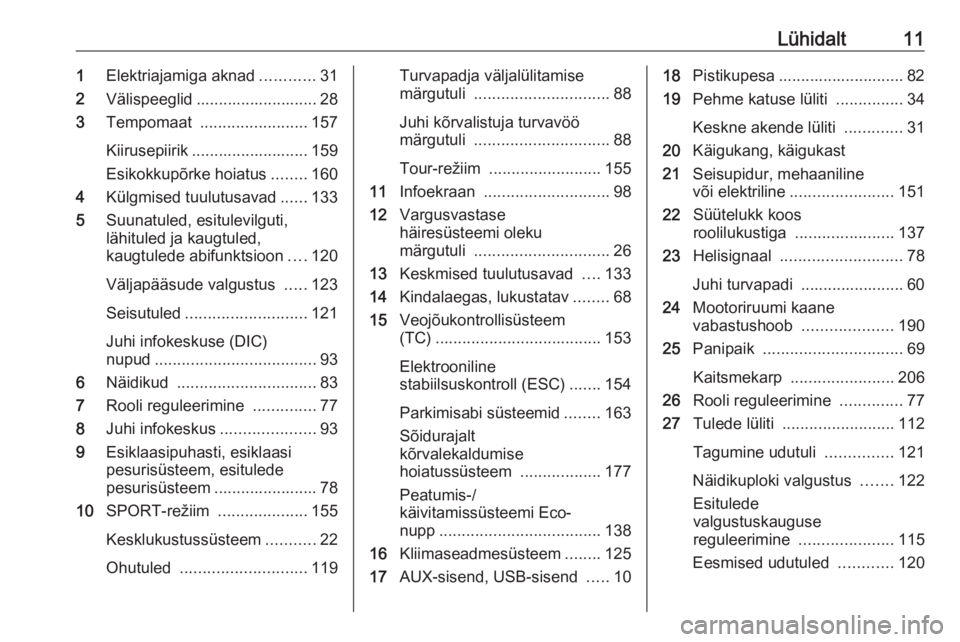 OPEL CASCADA 2018  Omaniku käsiraamat (in Estonian) Lühidalt111Elektriajamiga aknad ............31
2 Välispeeglid ........................... 28
3 Tempomaat  ........................ 157
Kiirusepiirik .......................... 159
Esikokkupõrke hoi